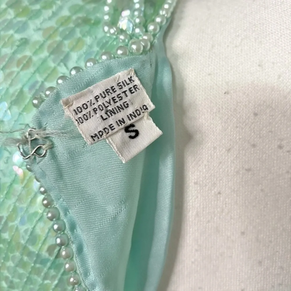 Scala Vintage Fully Sequined Mint Green Short Sleeve Top with Pearl‎ Accents - Picture 8 of 13